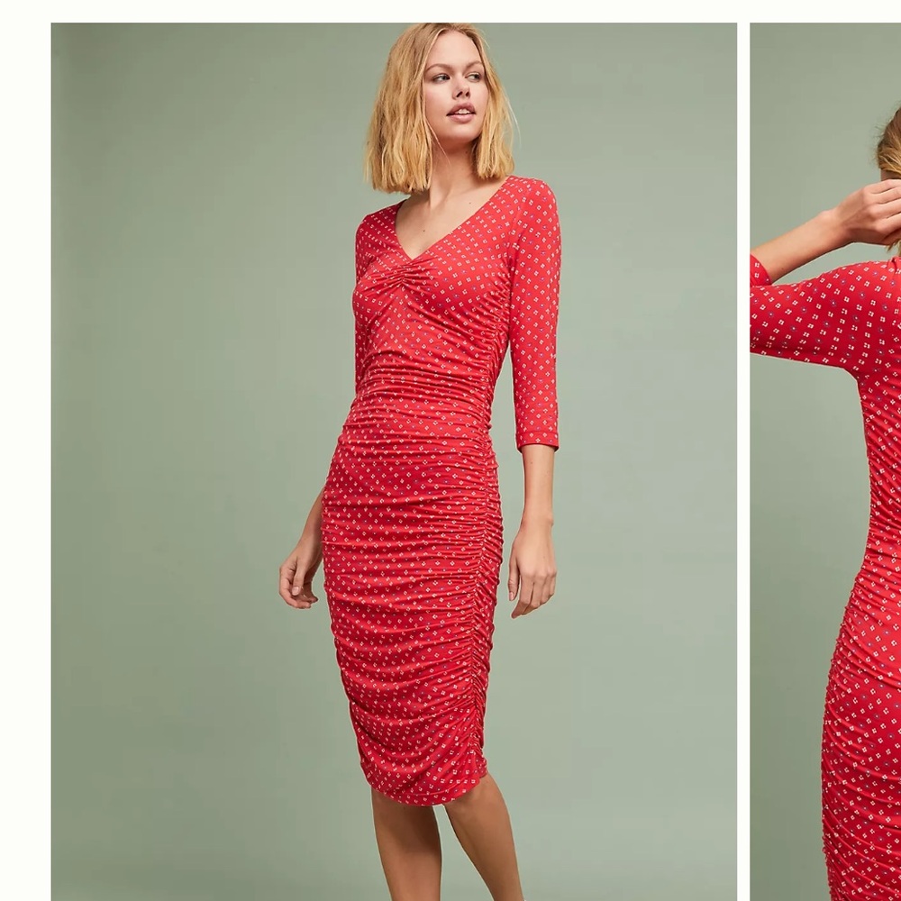 Moulinette Soeurs Anthropologie red Medea ruched column dress size medium